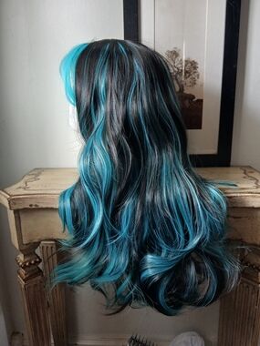 Source Unknown Black Wig with Teal Blue Streaks - Long Wavy Style